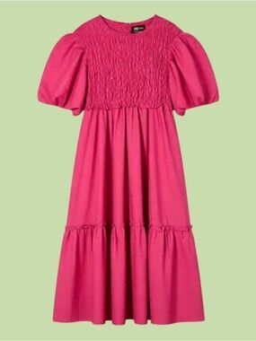 SHEIN Hot Pink Smocked Midi Dress with Puff Sleeves